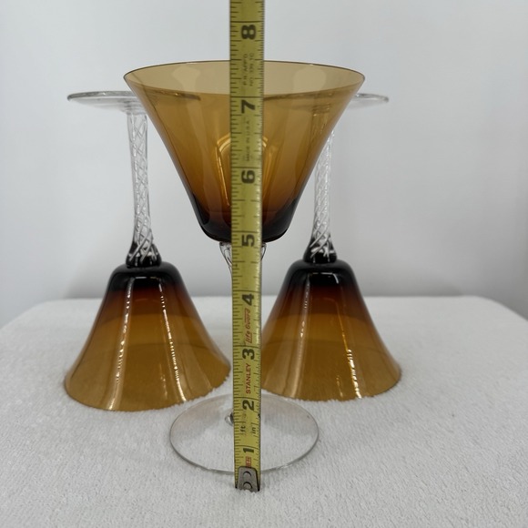 3 Vtg MARTINI GLASSES Blown Glass AMBER OMBRE Bowl Clear Swirl Stem MCM - Picture 5 of 6